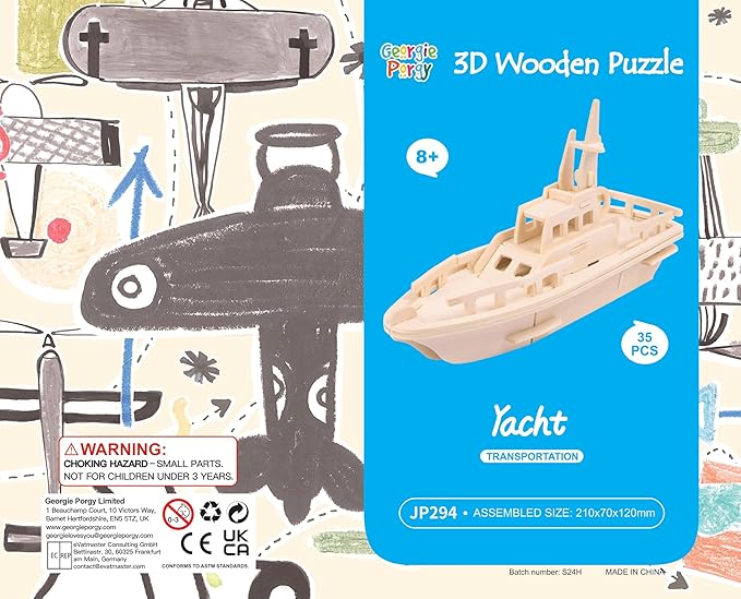 Georgie Porgy 3D Wooden Puzzles for Kids Toys Construction Woodcraft Kits DIY Model Puzzle Kits Birthday Gifts Pack of 3 (Biplane Off-Road Vehicle Yacht)