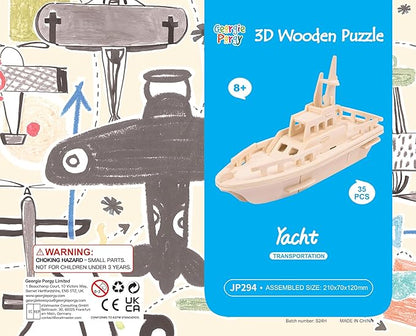 Georgie Porgy 3D Wooden Puzzles for Kids Toys Construction Woodcraft Kits DIY Model Puzzle Kits Birthday Gifts Pack of 3 (Biplane Off-Road Vehicle Yacht)
