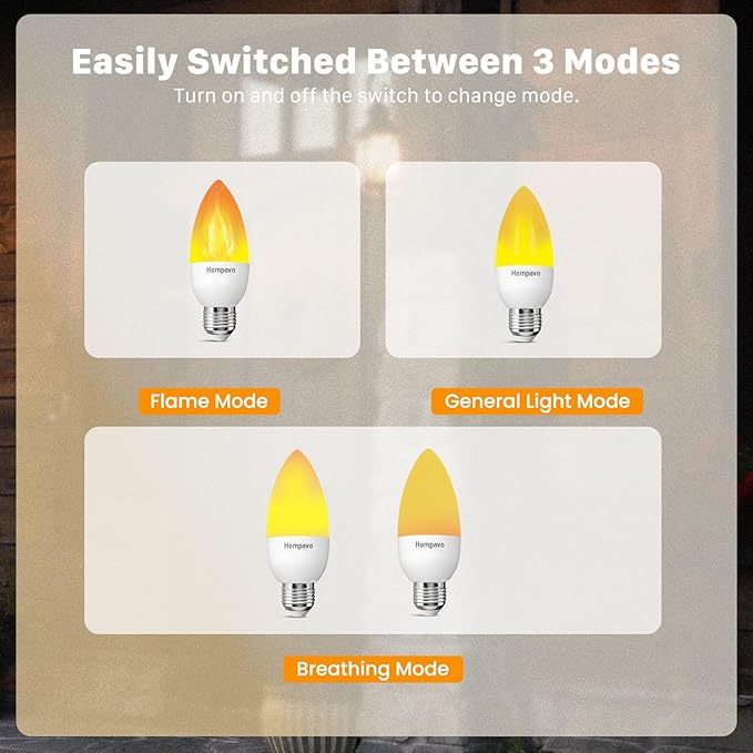 Hompavo Upgraded LED Flame Light Bulbs, 3 Modes Flickering Light Bulbs, E26 Candle Fire Light Bulb for Halloween Christmas Party Porch Indoor & Outdoor Home Decoration - 6 Pack