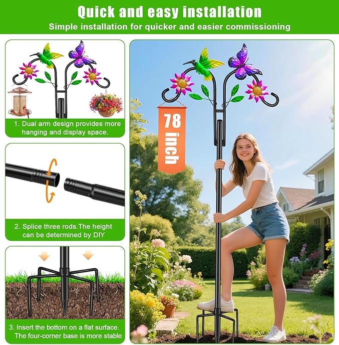 Double Shepherds Hooks for Outdoor, 78 Inch Artistic Hummingbird & Flower Design, 5 - Prong Base, Ideal for Bird Feeders, Baskets & Lanterns (2 Pack)