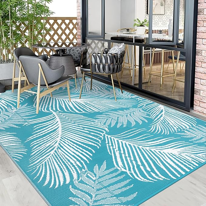 Pauwer Waterproof Outdoor Rug 9x12, Reversible Plastic Straw Patio Camping Rug, Indoor Outdoor RV Mat Carpet for Deck, Camper, Porch, Balcony, Backyard, Picnic, Leaf Teal