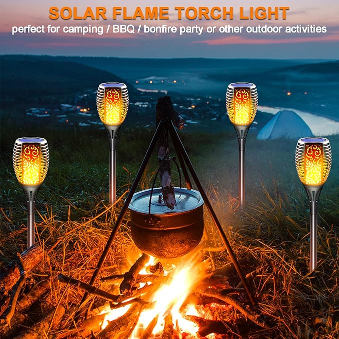 Solar Torch Lights Outdoor, Realistic Flickering Flame Solar Tiki Torches, 3-in-1 Fire Effect Hanging Lanterns with Detachable Hook, Auto On/Off for Garden, Pathway Lighting (4 Pack)