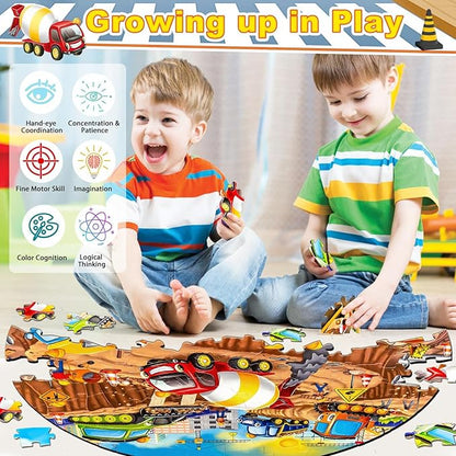 71Pcs Christmas Construction Vehicle Floor Puzzle for Kids 3,4,5,6,7,8,Educational Building Jigsaw Puzzles with Excavator Dumper Monster Truck for Ages 3-5,Learning Toys Gift for Girls and Boys