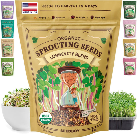 Seedboy Organic Sprouting Seeds - Longevity Blend- Non-GMO, USA Grown Microgreens Mix - Broccoli, Red Kale, Black Kale, Alfalfa - Makes Over 6 Quarts of Sprouts, 20 Servings (8 oz) (Longevity Blend)