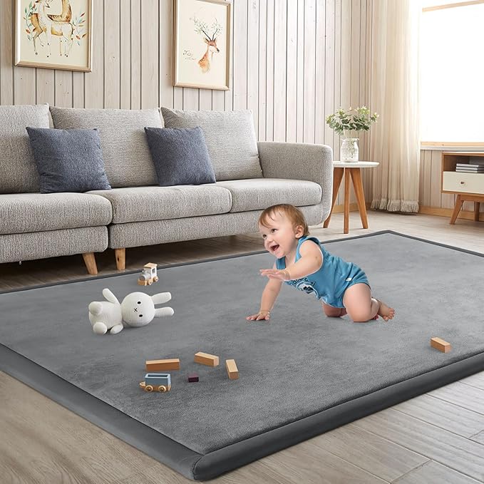 Baby Play Mat for Floor Tummy Time Mat Nursery Rug Muscle Area Rug Playroom Rug Tatami 74 * 50" Memory Foam 1.3" Thick Crawling For Babies,Toddlers, Infants, Kids,Floor(Grey)