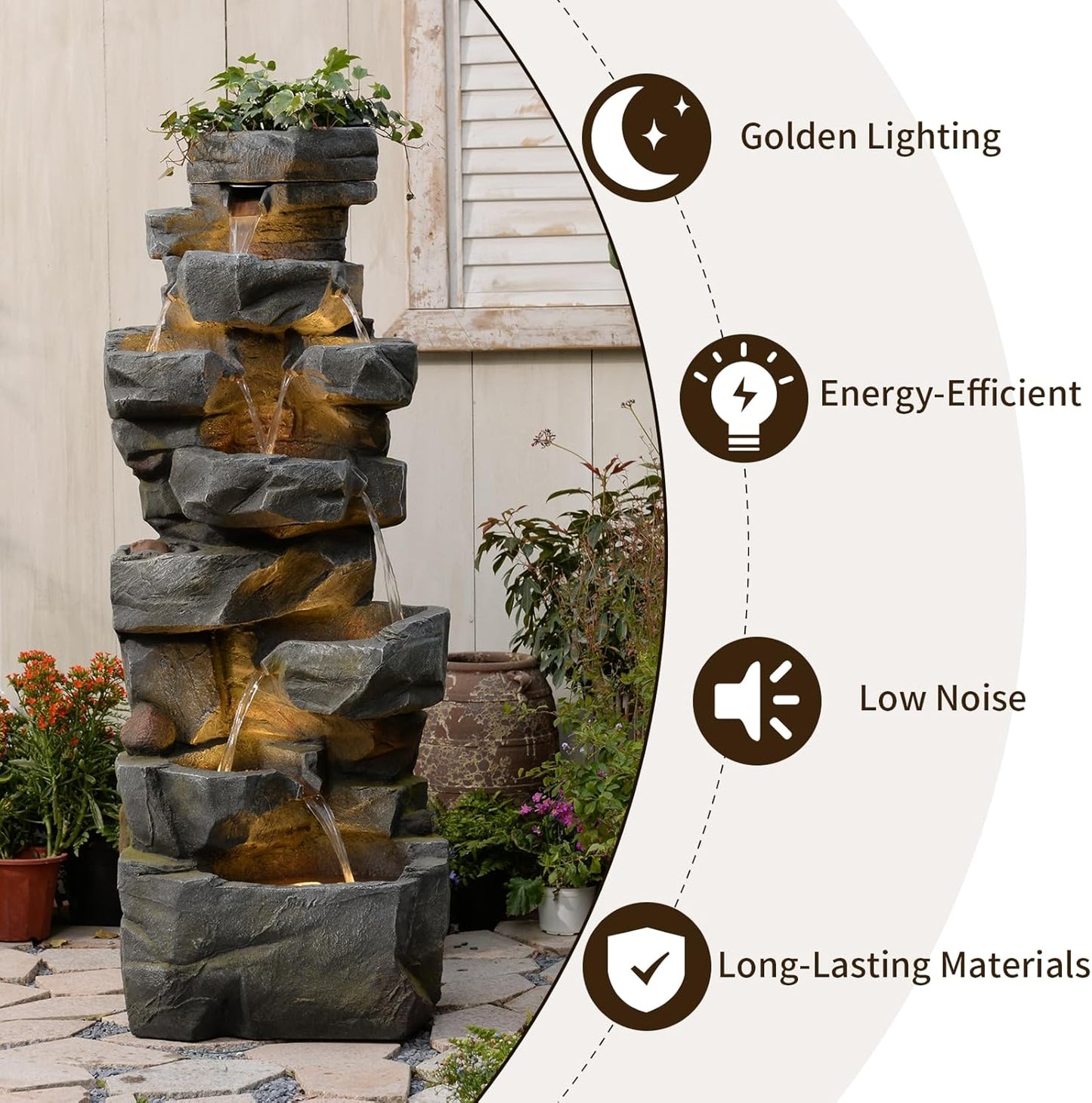 58Inch Outdoor Garden Water Fountain 6 Tiers Large Cascading Rock Natural Waterfall Outdoor Fountain with LED Lights for Patio Porch Backyard Home Art Decor