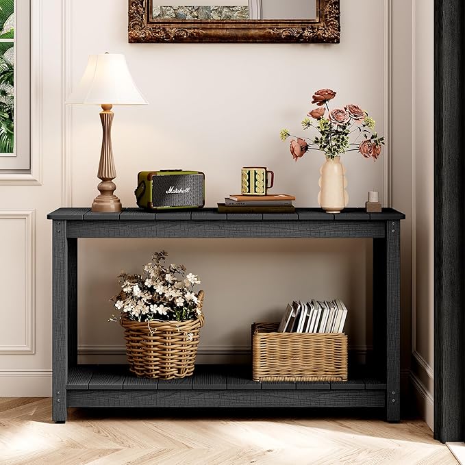 Outdoor Console Table, 48" Weather Resistant HIPS Patio Side Table, 440LBS Weight Capacity, 2-Tier Multifunctional Buffet Bar Storage Organizer for Garden Deck, Black