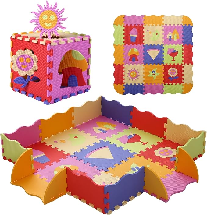 Foam Play Mat for Kids，25Pcs Square Interlocking Puzzle Floor Mat，Baby Play Mat Floor Mat Foam Puzzle Playmat for Toddlers with Fence