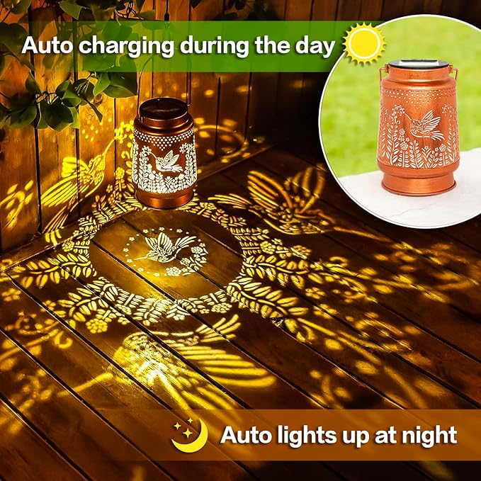 2 Pack Hummingbird Solar Lanterns Outdoor Waterproof Hanging Solar Lights Hummingbird Gifts for Women Men Metal Decorative LED Lights for Garden Decor,Yard,Patio,Lawn,Tabletop,Pathway,Landscape