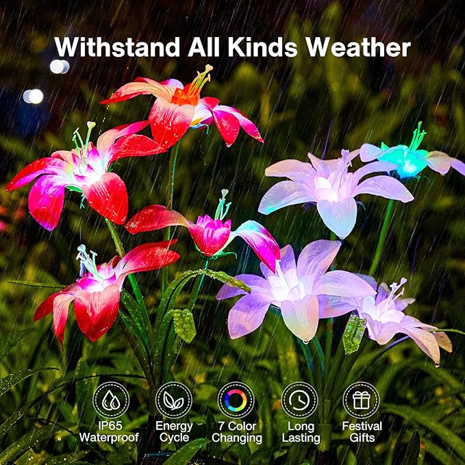 Solar Garden Lights Outdoor, 8 Pack Blooming Lily Solar Flowers Outdoor Waterproof, 7 Color Changing Bigger Flower Lights for Yard Patio Decor, Gift for Mom