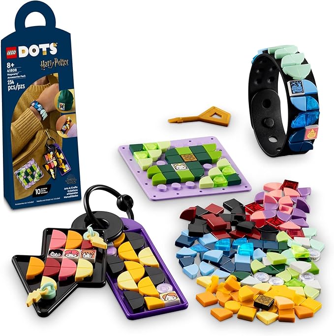 LEGO DOTS Hogwarts Accessories Pack 41808, Harry Potter Themed Jewelry Making Kit with Bracelet, 2 Bag Tags and Stich-on Patch, DIY Craft Toy Set for Kids