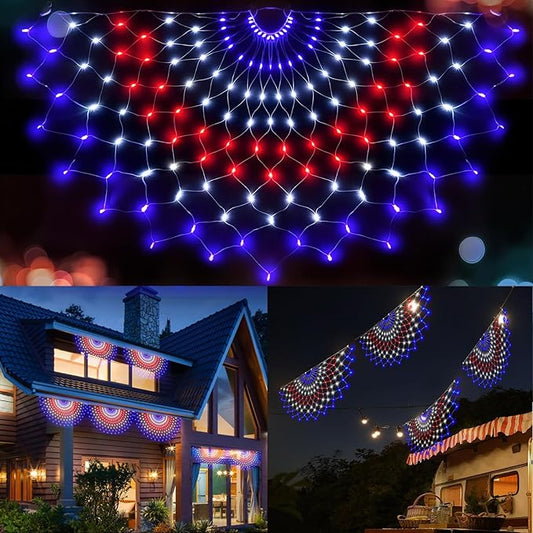Leisure World LED American Flag Banner, 3 Pack 150 LED Half Fan Lights, 4 x 2 ft, 8 Modes Patriotic Outdoor Net for 4th of July, Christmas
