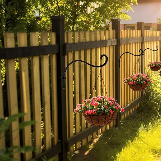 Hourleey 2 Pack Plant Hanger Outdoor, 12 Inch Heavy-Duty Hanging Plant Hook for Outside Basket, Black Metal Wall Mount Plant Bracket Hook for Flower Baskets Bird Feeder