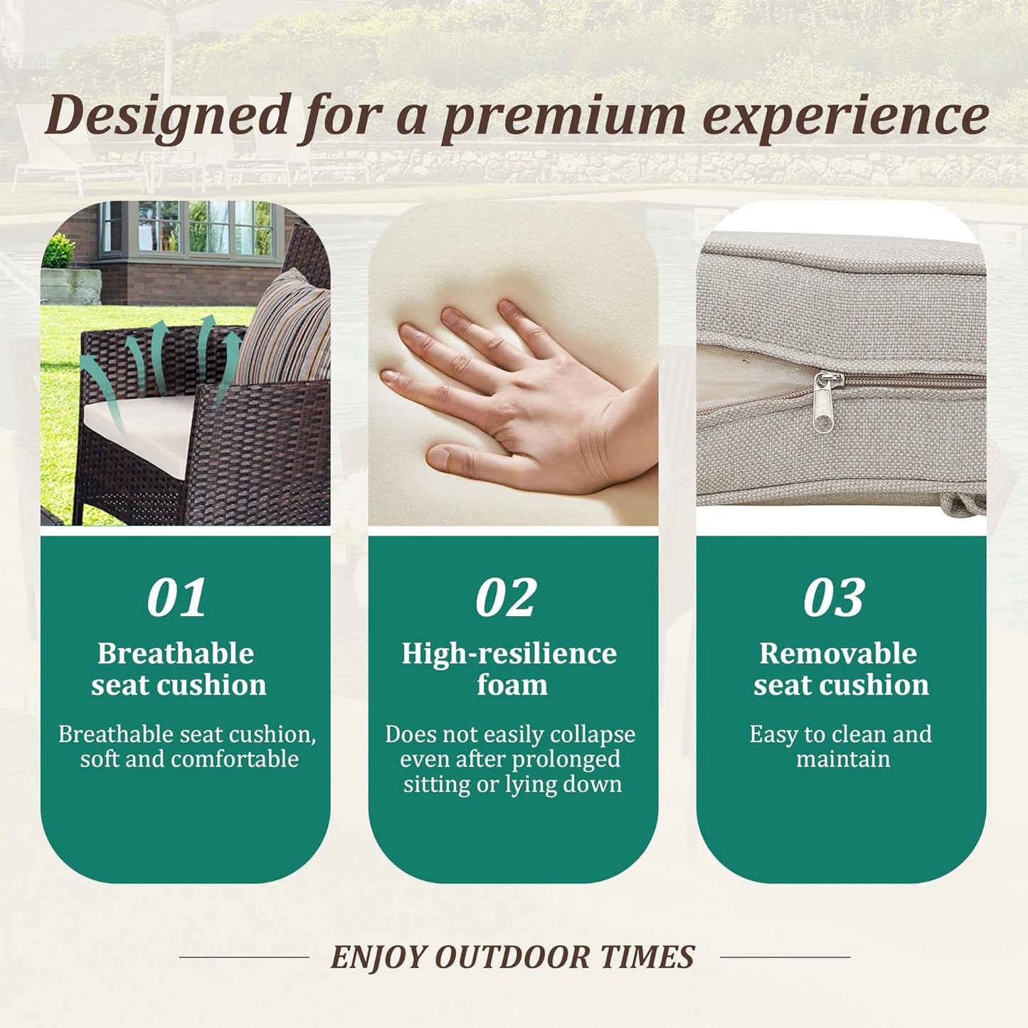 4 Piece Patio Furniture Set - Outdoor Conversation Sets with Coffee Table, Rattan Chair Set for Garden/Poolside, Brown/Beige