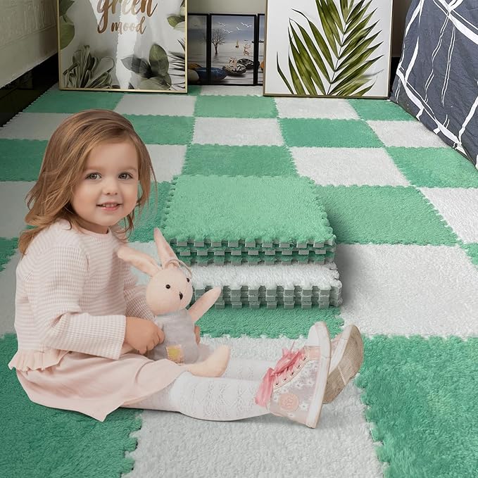 16pcs 0.6" Thickened Interlocking Tile Mats,Fluffy Shaggy Soft EVA Foam Area Rug for Living Room & Bedroom,Non-Slip Protective Floor Carpet Play Mat Kids Dorm Home Decor (11.8ft, Mint Green)