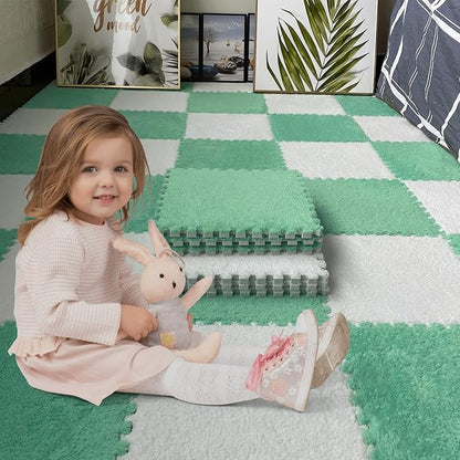 16pcs 0.6" Thickened Interlocking Tile Mats,Fluffy Shaggy Soft EVA Foam Area Rug for Living Room & Bedroom,Non-Slip Protective Floor Carpet Play Mat Kids Dorm Home Decor (11.8ft, Mint Green)