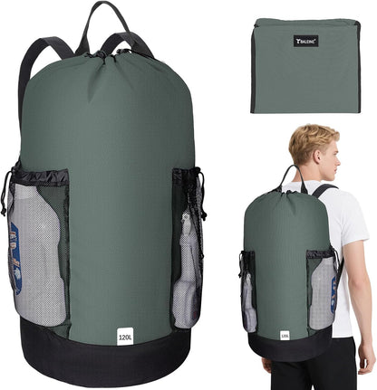 BALEINE 120L Laundry Bag Backpack, 900D Oxford Fabric Large Travel Laundry Bags with Shoulder Straps and 2 Mesh Pockets for College Dorm, Apartment, Laundromat (Dark Grey, 120L)