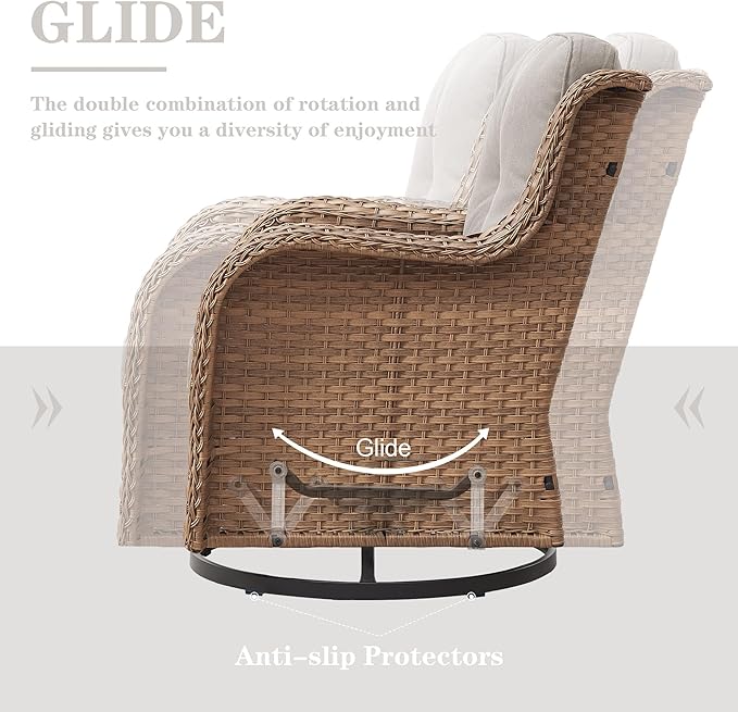 Outdoor Swivel Rocker Patio Chairs - 360 Degree Swivel Glider Seating 350LBS Weight Capacity 3 Piece Wicker Rocking Chairs Set with Side Table for Porch Balcony Deck, Yellow/Beige