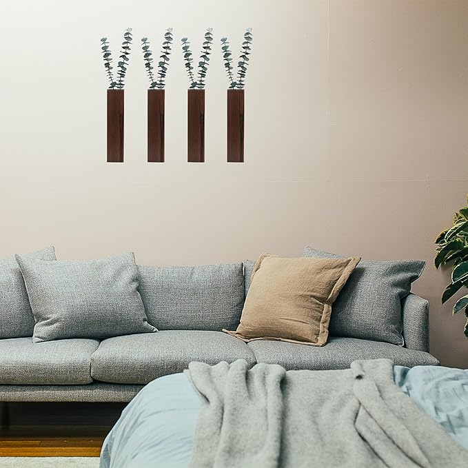 Wood Wall Planter 4 Pack Wall Decor for Artificial Flower Plants Wooden Plants Holders Wall Plant Pocket Vase Hanging for Living Room Bedroom Dining Room Bathroom Indoor Decroation (Dark Brown)