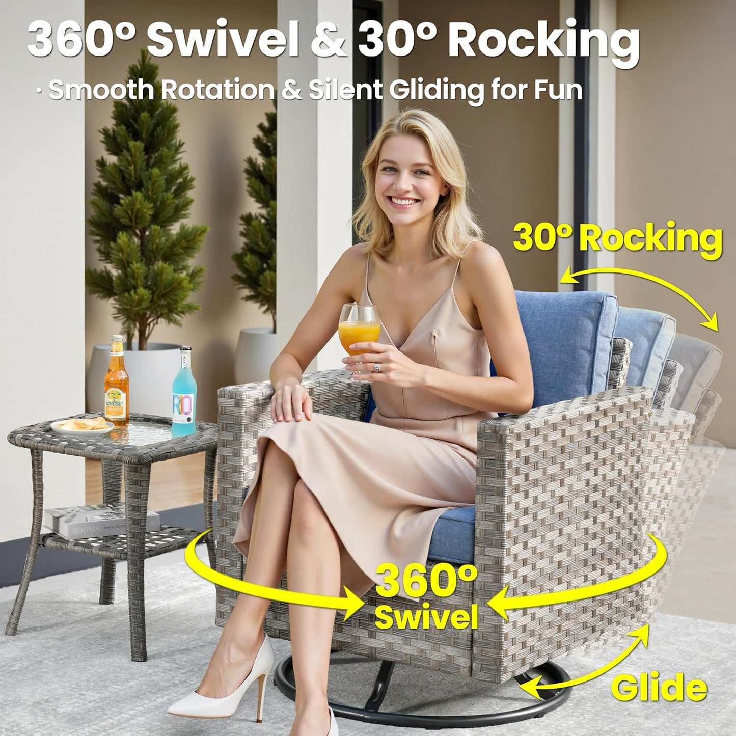 ovios 9 Pieces Patio Furniture Set, Outdoor Wicker Sectional Sofa with 30" Fire Pit Table Swivel Chair, Modern Modular Deep Seat Rattan Couch Conversation Sets, Denim Blue