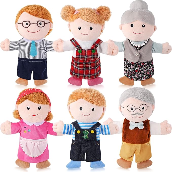 6 Pcs Family Hand Puppets 12 Inch Grandparents, Mom & Dad, Brother & Sister Plush Hand Puppet Toys Role-Play Toy Puppets for Kids Storytelling Imaginative Pretend Play Teaching Preschool(6 Family D)