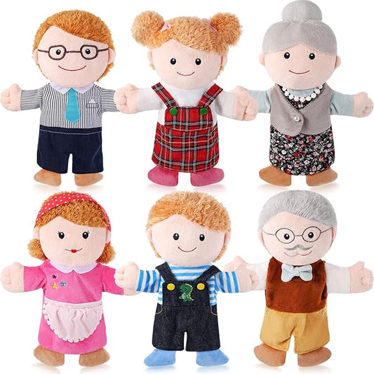 6 Pcs Family Hand Puppets 12 Inch Grandparents, Mom & Dad, Brother & Sister Plush Hand Puppet Toys Role-Play Toy Puppets for Kids Storytelling Imaginative Pretend Play Teaching Preschool(6 Family D)