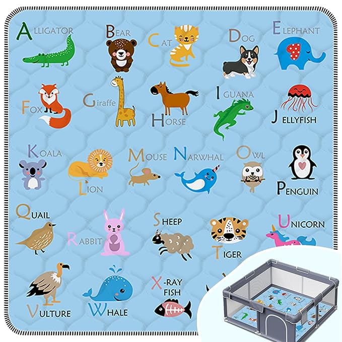 Baby Play Mat，Thick Soft 47" X 47" Playpen mat, Non-Slip and Machine Washable Baby Play Mats for Floor，Crawling Mat for Babies, Toddlers & Infants to Play and Learn (Blue Animal)