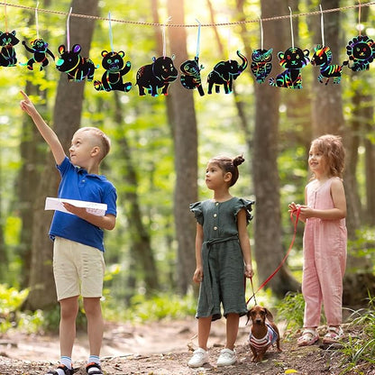 64 Pcs Wild Animal Scratch Cards DIY Rainbow Color Scratch Art Card Jungle Safari Animal Painting Scratch Off Paper for Kids Art Craft Kit with 64 Wood Stylus Ribbon for Home School Decor Party Favors