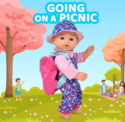 Gift Boutique Baby Doll with 12 Inch Baby Doll for Toddlers Feeding Set with Realistic Diaper Bag, Bottles, Sunglasses, and Pretend Play Feeding Accessories for 2 Years and Up