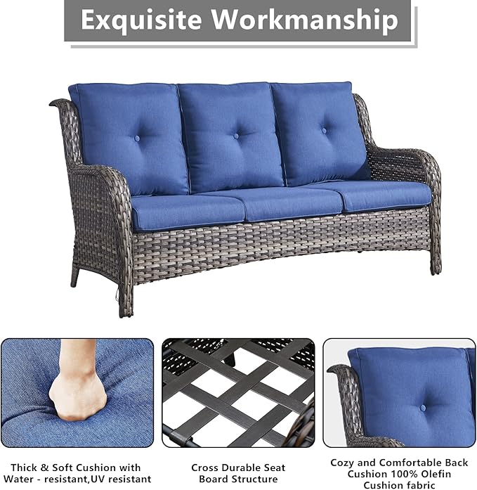 Outdoor Wicker Patio Furniture Set - 6 Piece Rattan Patio Conversation Set with 2 Rocking Swivel Chairs,2 Ottomans,1 Sofa and 1 Coffee Table for Porch Deck Backyard Garden(Mixed Grey/Blue)