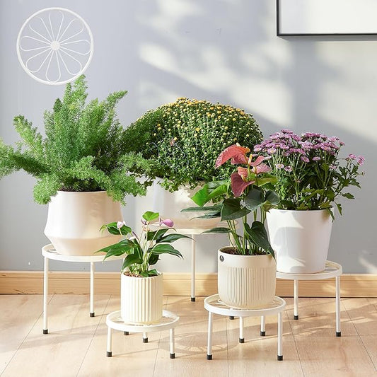 Plant Stand,5 Pack Heavy Duty Flower Pot Stands,Metal Decoration Racks,Round Plant Shelf for Planter Outdoor and indoor (White)