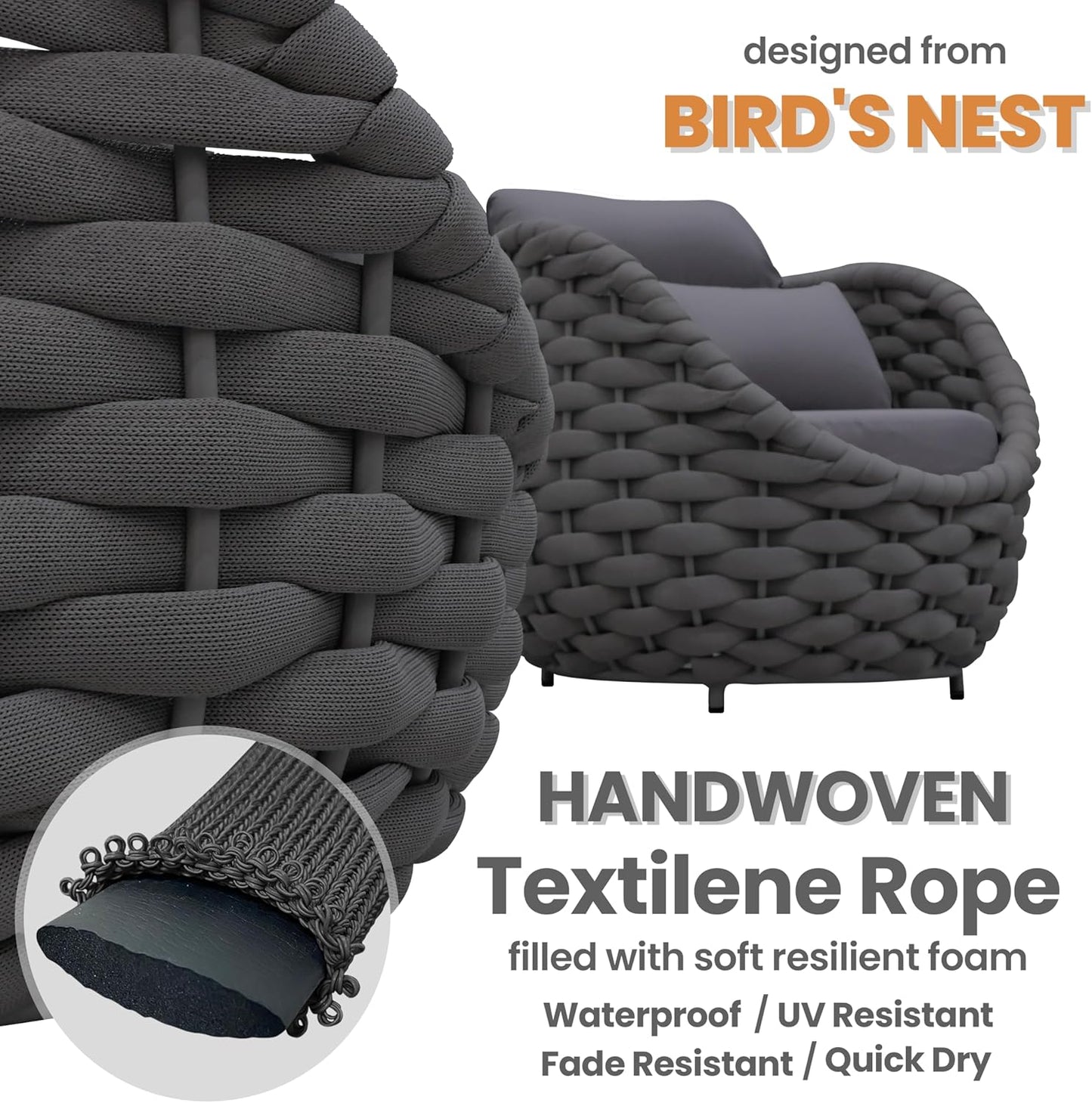 Deck Furniture Set: 3 Pieces Aluminum Woven Rope Patio Conversation Sofa Set for 2, Comfy Cushions Couch Armchair Table Set Assembled, 400lbs for Porch Balcony Pool Bistro Yard Hotel - Dark Gray