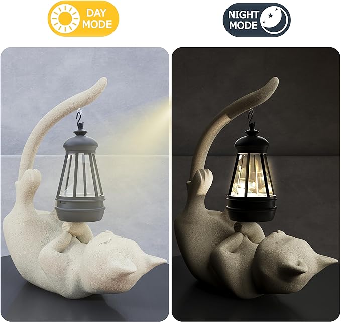 Solar Cat Garden Statue 10 Inch Porch Patio Decor for Outside Yard Decoration Outdoor Unique Housewarming Gardening Birthday Gifts for Cat Lovers Women Grandma