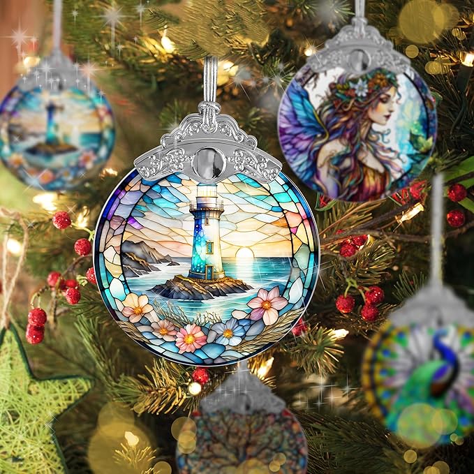 Stained Glass Suncatcher, Jocidea Lighthouse Ornament, Christmas Ornaments, Holidays Ornaments, Christmas Tree Decor, Lighthouse Decor for Home, Lighthouse Gifts