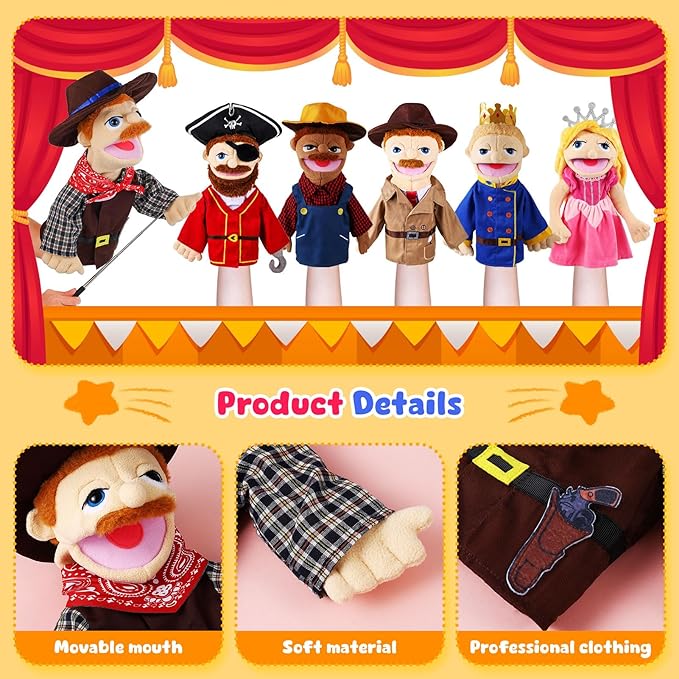6 Pcs Role Play Hand Puppets Profession Worker Entrepreneur Plush Toys Role-Play Toy Puppets for Kids Storytelling Imaginative Pretend Play Teaching Preschool(Adventurers)