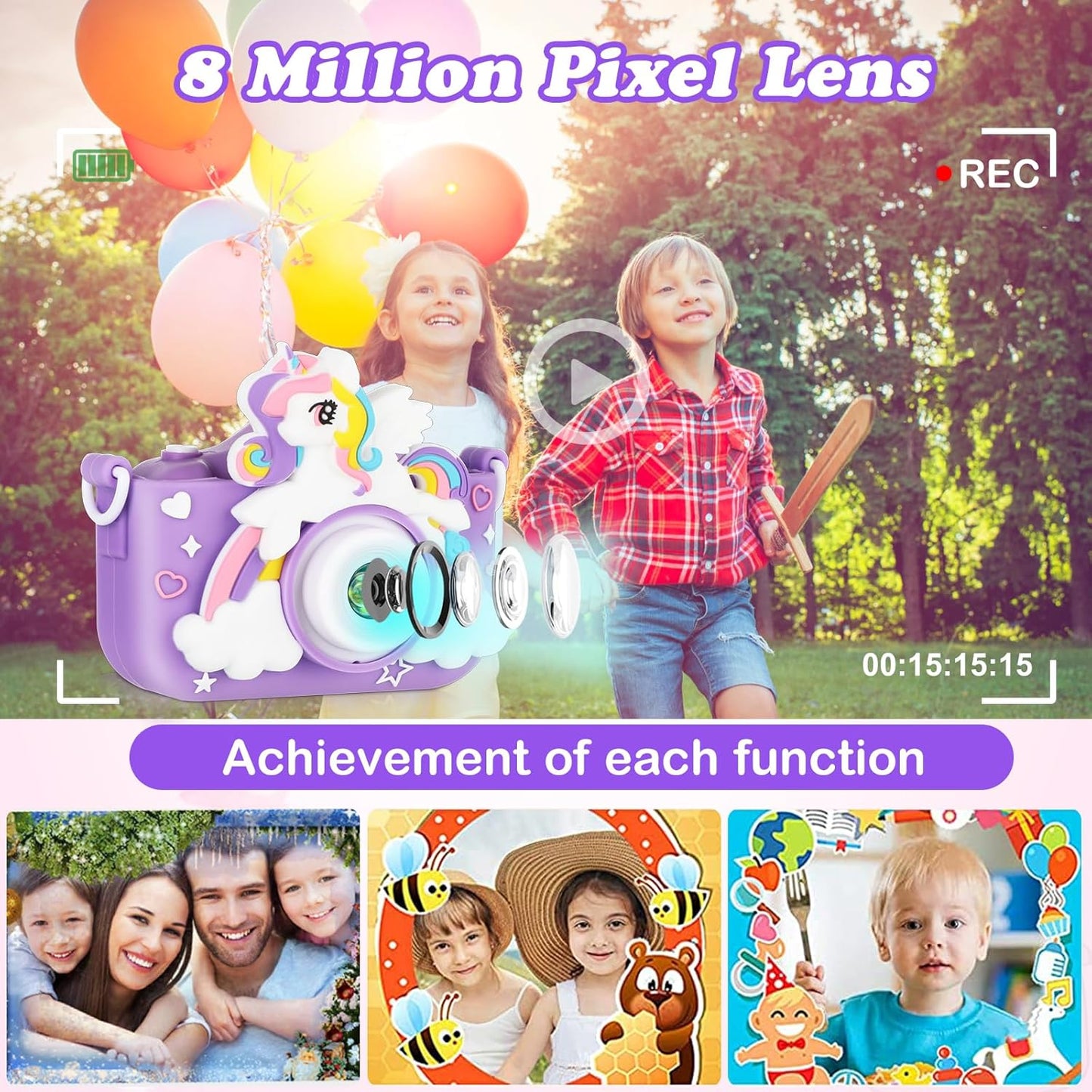 Kids Camera,HD Digital Video Camera with Protective Cover,Childrens Toys for 3 4 5 6 7 8 9 Year Old Boys/Girls,Selfie Camera for Kids,Christmas Birthday Gifts with 32GB SD Card (Unicorn Purple)