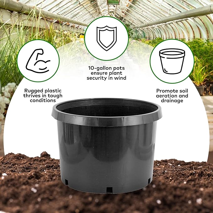 Pro Cal 10 Gallon Premium Nursery Plastic Planter Flower Herb Vegetable Garden Grow Pots with Drainage Holes for Outdoor and Indoor Use, Black, 5 Pack