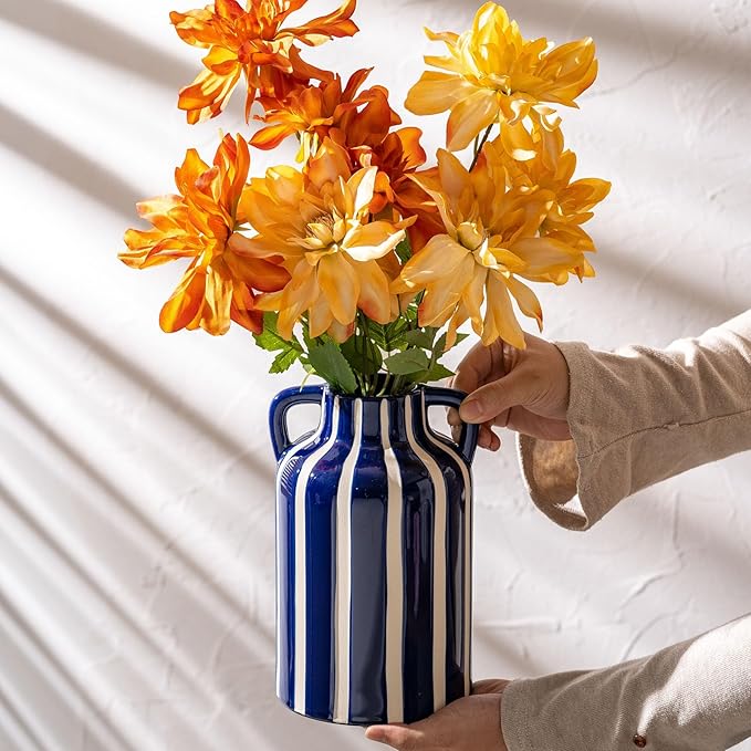 Ceramic Blue and White Checkered Stripes Vase with Handles, Modern Bohemian Floral Navy Blue Vases for Centerpieces, Cottage Core Home Decor, Flower Vases for Bouquet Mantle Bedroom Bookshelf 9.1 in