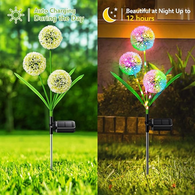 Solar Lights Outdoor Garden Decor, 2 Pack Upgraded Solar Dandelion Garden Light Decorative with 36 LED - IP65 Waterproof Colorful SolarLights Outdoor for Yard, Lawn, Pathway and Wedding