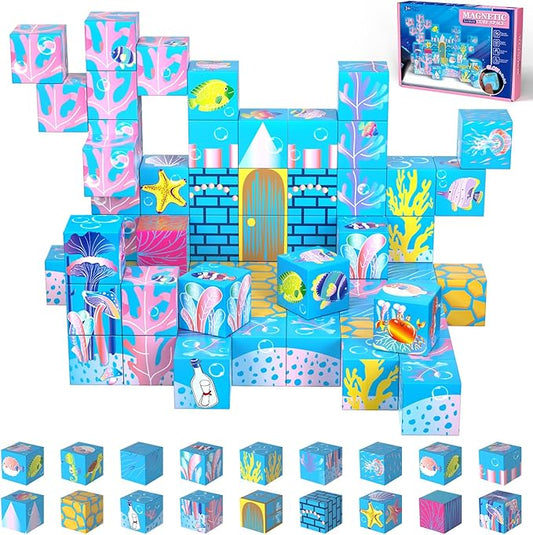 Glow-in-the-Dark Magnetic Building Blocks & & Tiles, 2025 Upgraded STEM Montessori Construction Toys, Ocean World Magnet Cubes, Christmas Birthday Gifts for Kids, Boys Girls Toddlers Ages 3-5 4-8 8-12