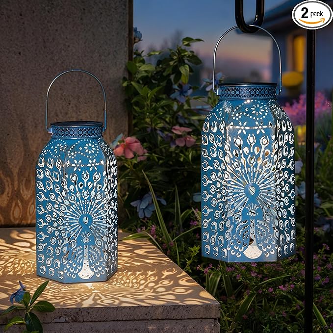Outdoor Solar Lanterns Waterproof Peacock Garden Gifts Women Mom, Big Solar Lights, Garden Decor, Yard Art, Outside, Patio Ornaments, Birthday, Mothers' Day Birthday Gifts (2Pack, Blue Gold