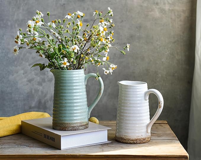 Quoowiit Ceramic Rustic Vase with Handle, Green Distressed Decorative Farmhouse Pitcher Vase for Home Decor Living Room Bedroom Kitchen Office Shelf Decor Centerpiece Table Decoration
