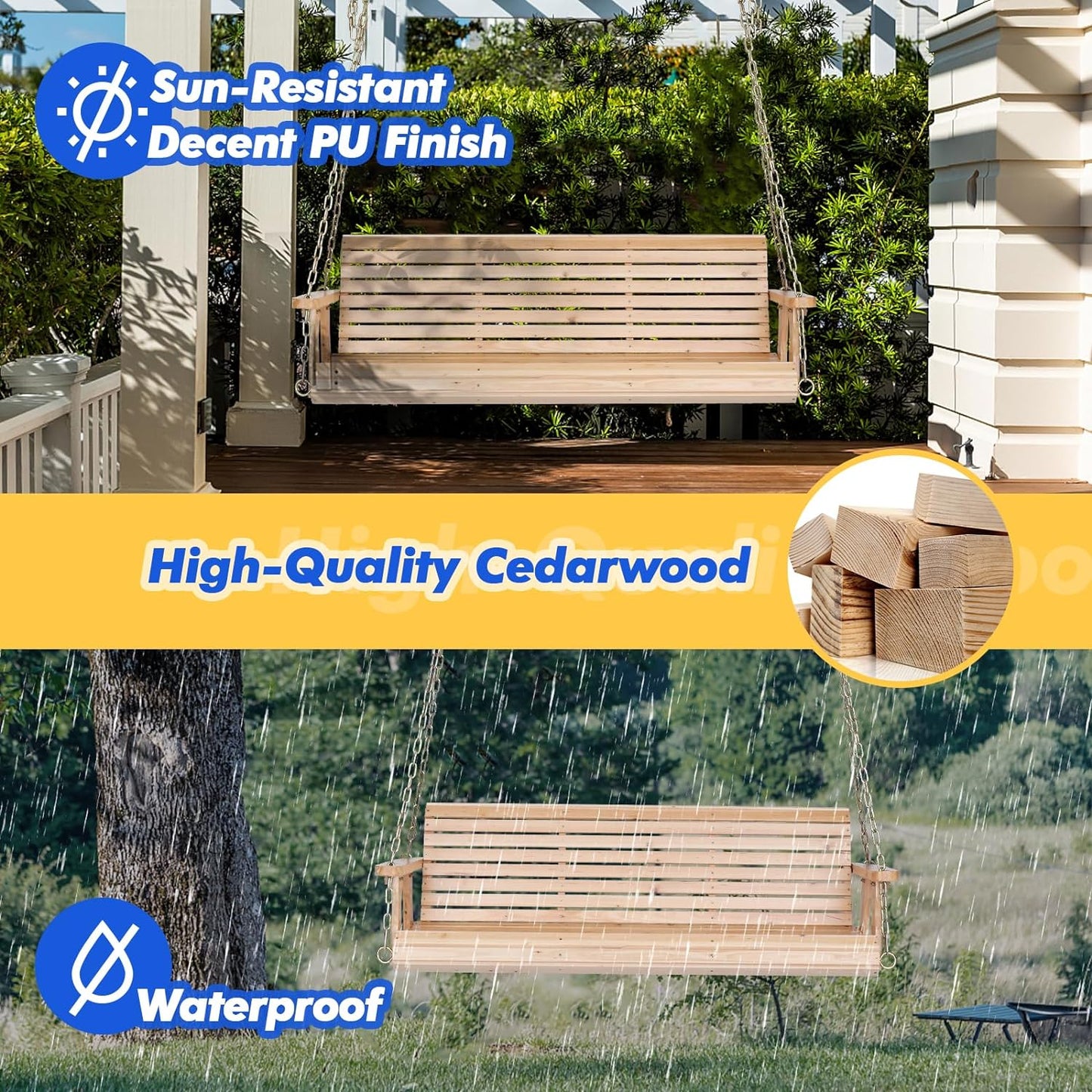 VINGLI Upgraded Patio Wooden Porch Swing for Courtyard & Garden, Heavy Duty 880 LBS Swing Chair Bench with Hanging Chains for Outdoors (Natural, 5 FT)