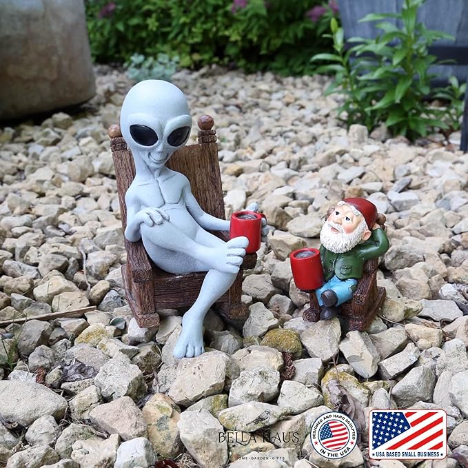 Andre' & Fritz | Celebrating Friendship with a Morning Cup of Coffee | Whimsical Extraterrestrial Outdoor Decor | Garden Statue 2pc Resin Set 6.25”/ 3.50” Tall (Coffee with Friends)