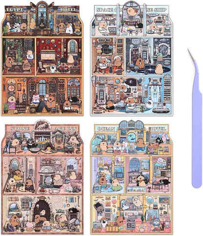 Girls 3D Miniature Scene Stickers,4 Sets Visit the Store DIY House Stickers for Space Cruise,Ocean Hotel,Egypt Hotel,Stone Age,Cute 3D Cartoon Sticker Scenes for Adult Kids Relief Stress Pass The Time