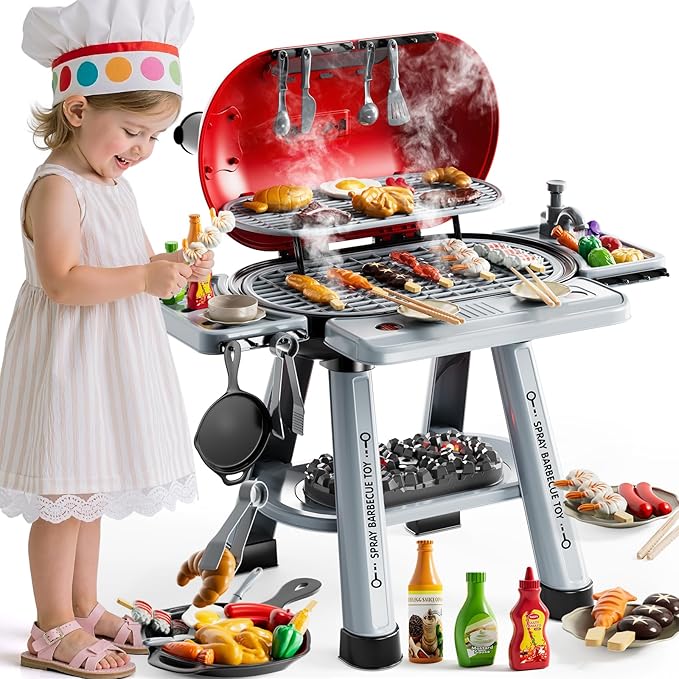 Kids BBQ Grill Playset for Kids Ages 4-8, Play Kitchen Toys with Smoke & Light for Boys Ages 3 4 5 6 7, 2-Layer Barbecue Toys Play Food Set, Indoor Outdoor Cooking Toy for Boys Girls 3-5