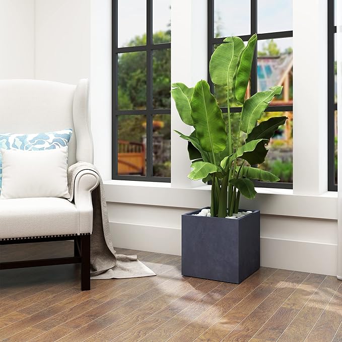 Kante 16 Inch Square Concrete Planter for Outdoor Indoor Home Patio Garden, Large Plant Pot with Drainage Hole and Rubber Plug, Charcoal