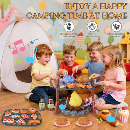 Kids Camping Playset with Pop Up Tent, Pretend BBQ Campfire Sets with Toy Food, Indoor Outdoor Educational Toys for Boys Girls Hiking Adventure Gifts Outdoor Playset Nature Exploration Toys
