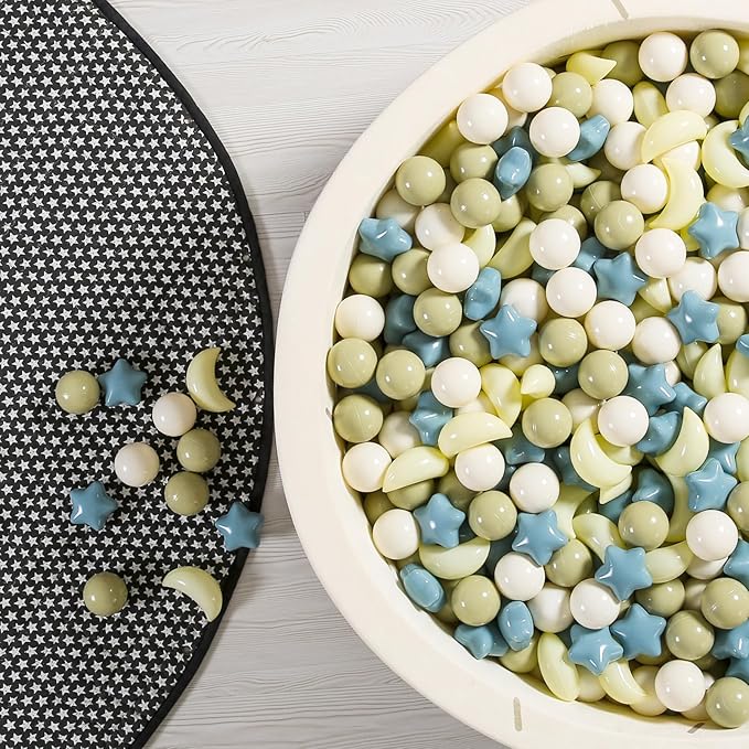 GOGOSO Ball Pit Balls Stars Moon Shapes Plastic Pitballs for Toddler Play Tent Baby Photo Props Kids Pool Water Toys Kiddie Pool Party Decor, Cream Blue+Yellow+Green+White,100PCS