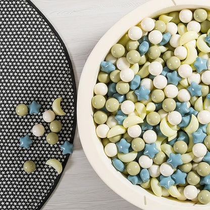 GOGOSO Ball Pit Balls Stars Moon Shapes Plastic Pitballs for Toddler Play Tent Baby Photo Props Kids Pool Water Toys Kiddie Pool Party Decor, Cream Blue+Yellow+Green+White,100PCS